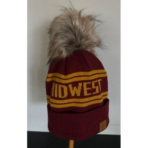 Midwest Accessories - Midwest Knit Beanie Burgundy Gold Pom Pom Cuffed Winter Hat Crown Patch